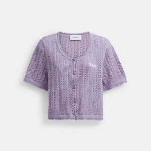Coach Cropped Knit Button Up Top Lilac | COH866007