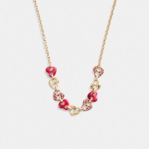 Coach Pavé Hearts Chain Link Necklace Gold/Pink Multi | COH866112