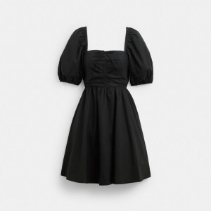 Coach Short Dress With Puff Sleeves In Organic Cotton Black | COH866068