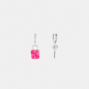 Coach Tea Rose Padlock And Key Mismatch Huggie Earrings Silver/Pink | COH866215