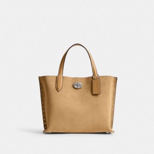 Coach Willow Tote Bag 24 With Rivets Silver/Peanut | COH865084